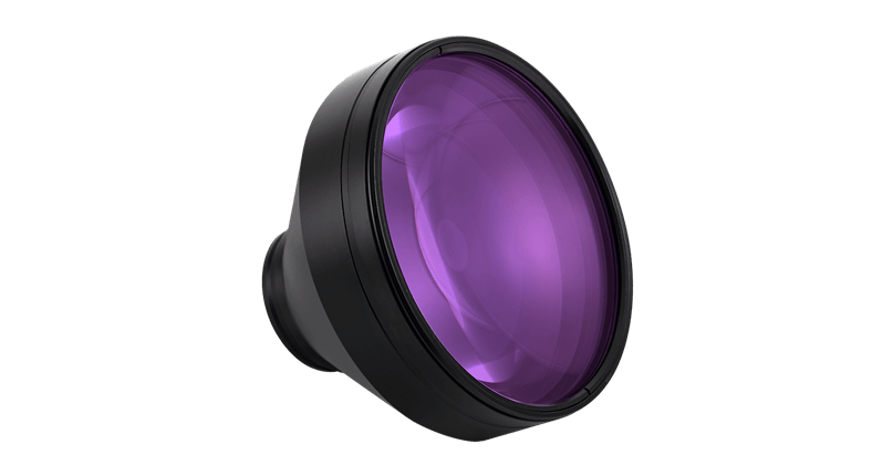 One of our telecentric F-theta lenses made of fused silica, suitable for DPSS UV lasers.